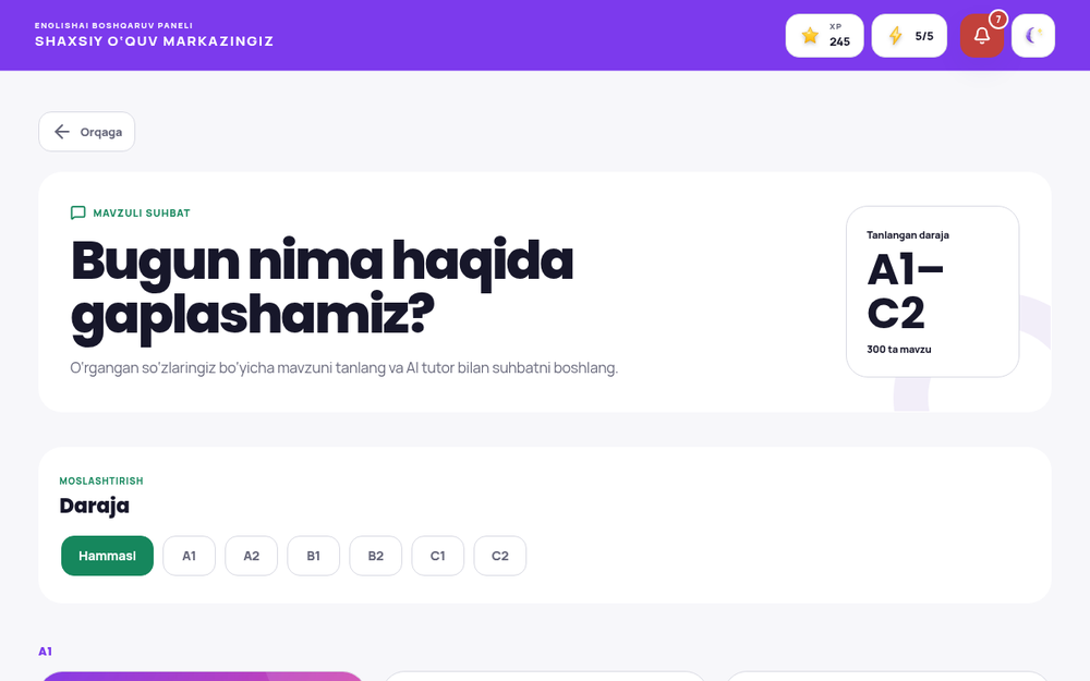 Speaking sahifasi — real ekran